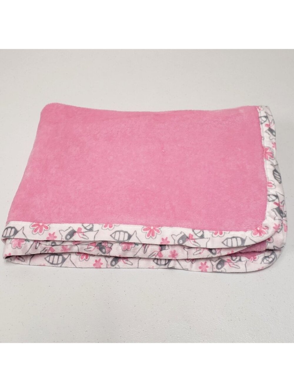 Le Bebe Favorite Pink White Baby Blanket Raccoon Trim 29x39 Plush